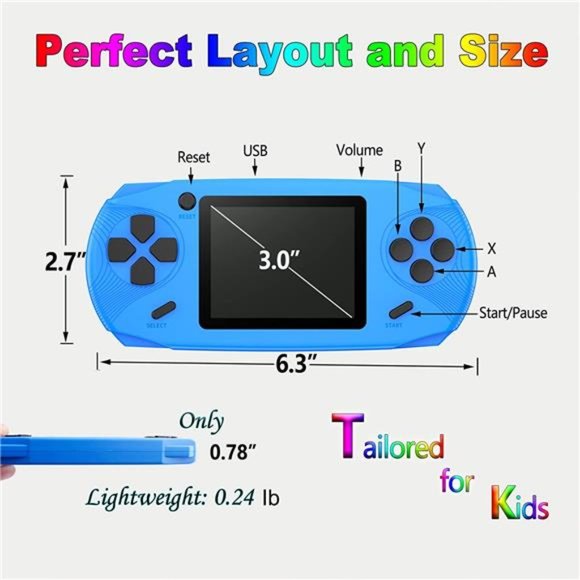 16 Bit Handheld Games for Kids Adults 3.0'' Large Screen (Blue) - Picture 5 of 6